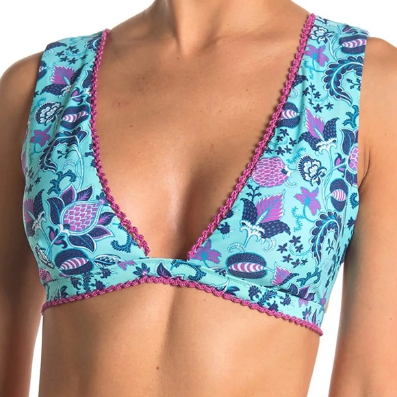 NANETTE LEPORE NWT ALANA FLORAL APEX TRIANGLE BIKINI TOP BLUE PINK PURPLE SWIM - Picture 2 of 6